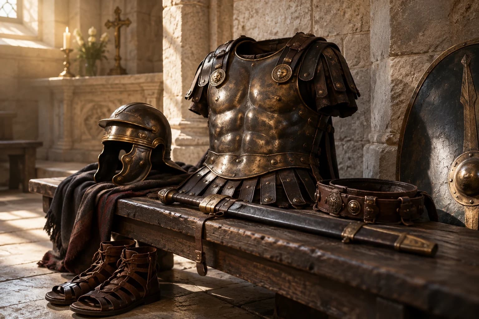 Roman-inspired breastplate, helmet, shield, belt, sandals and resting sword in warm chapel light