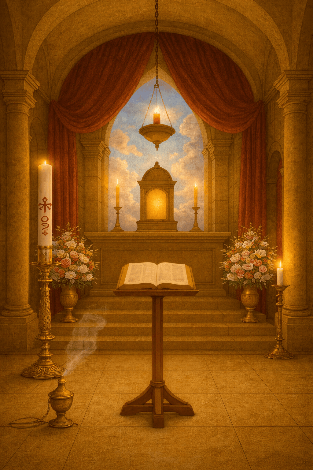A bright interior sanctuary with a glowing tabernacle, symbolizing the heart alive with grace and open to God.