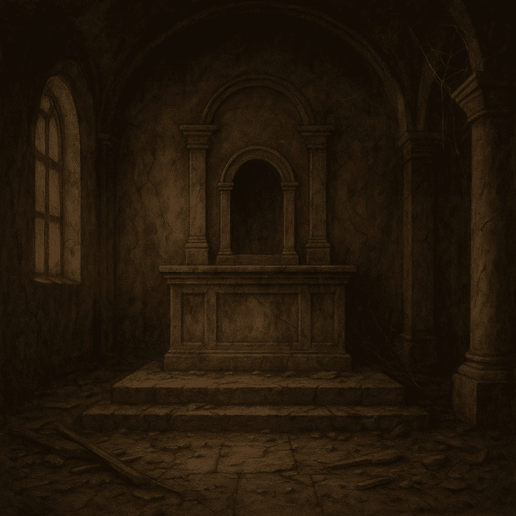 A darkened interior sanctuary with an empty tabernacle space, symbolizing the soul dimmed by sin and in need of mercy.