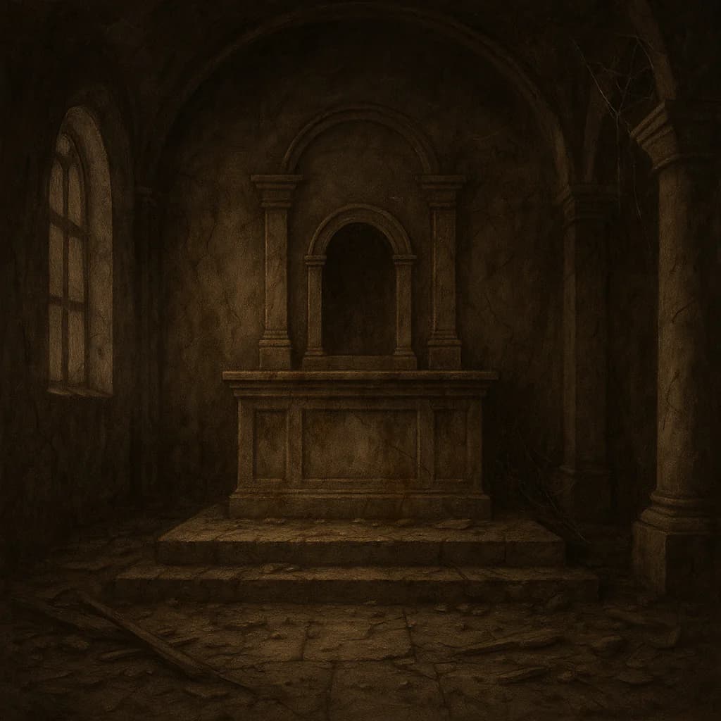 A darkened interior sanctuary with an empty tabernacle space, symbolizing the soul dimmed by sin and in need of mercy.