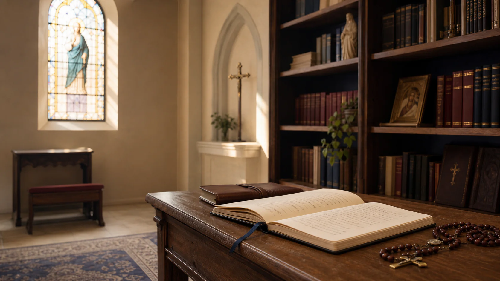 A quiet Catholic chapel library with a prayer journal and rosary
