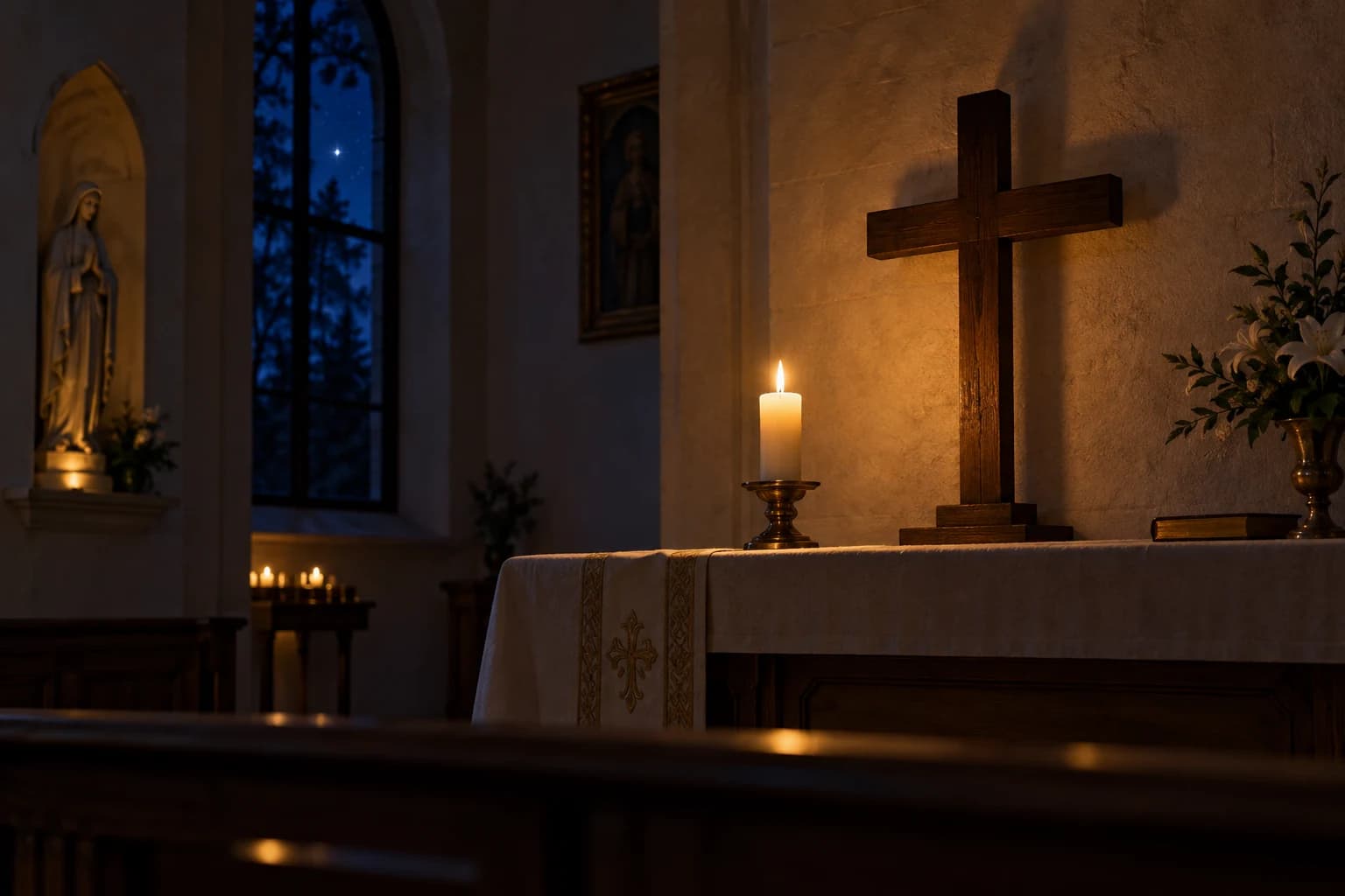 A candle and simple cross in the stillness of a chapel at night.