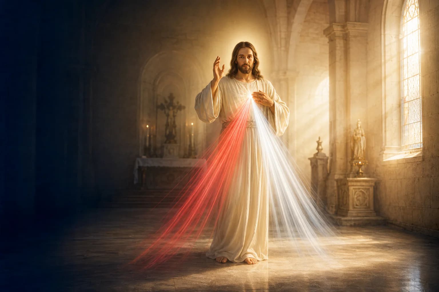Jesus of Divine Mercy in a sunlit chapel