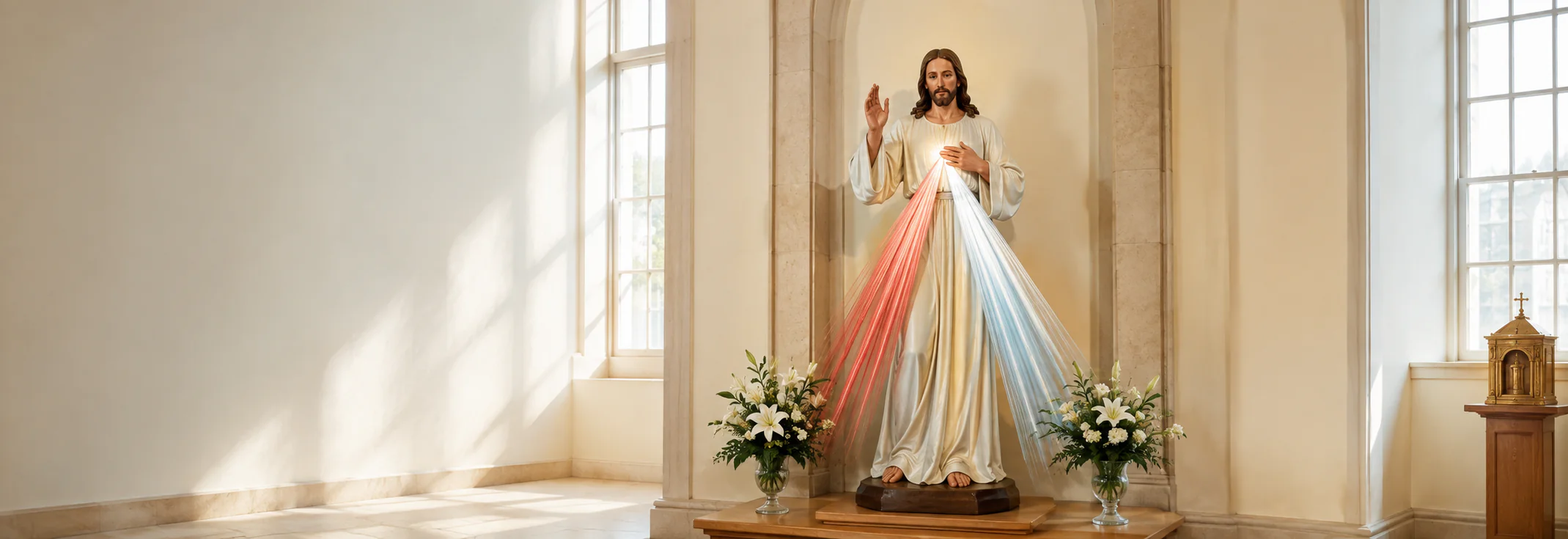 A Divine Mercy image in a peaceful, sunlit chapel
