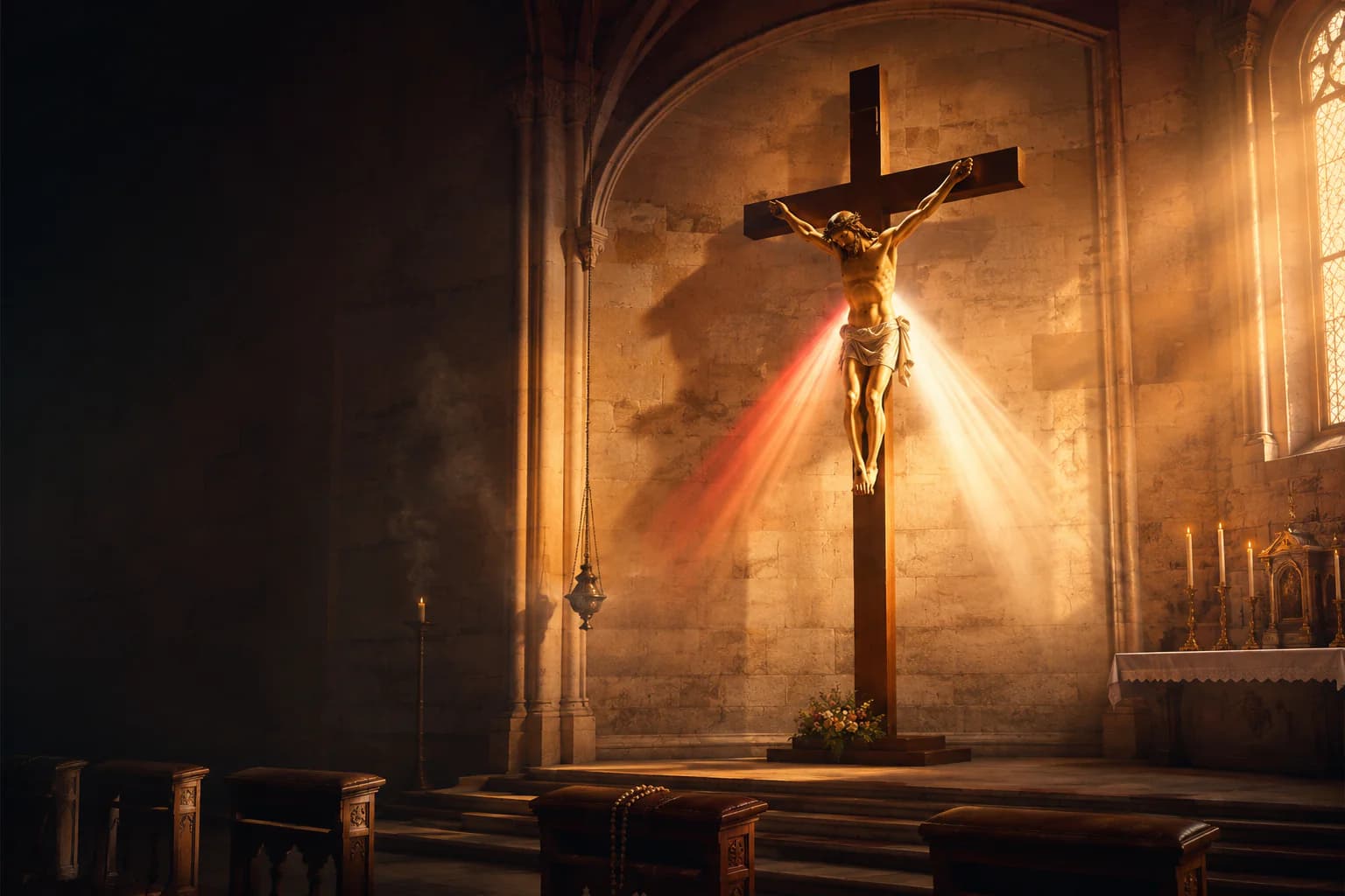 A crucifix in a quiet chapel at the Hour of Great Mercy