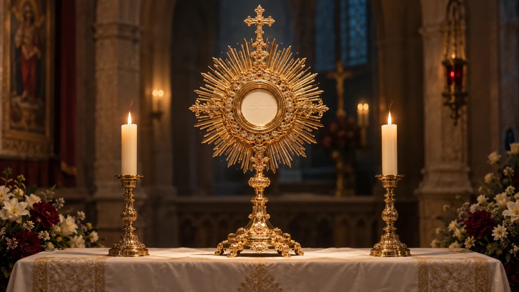 Devotional illustration of the Eucharistic Host in a gold monstrance between altar candles