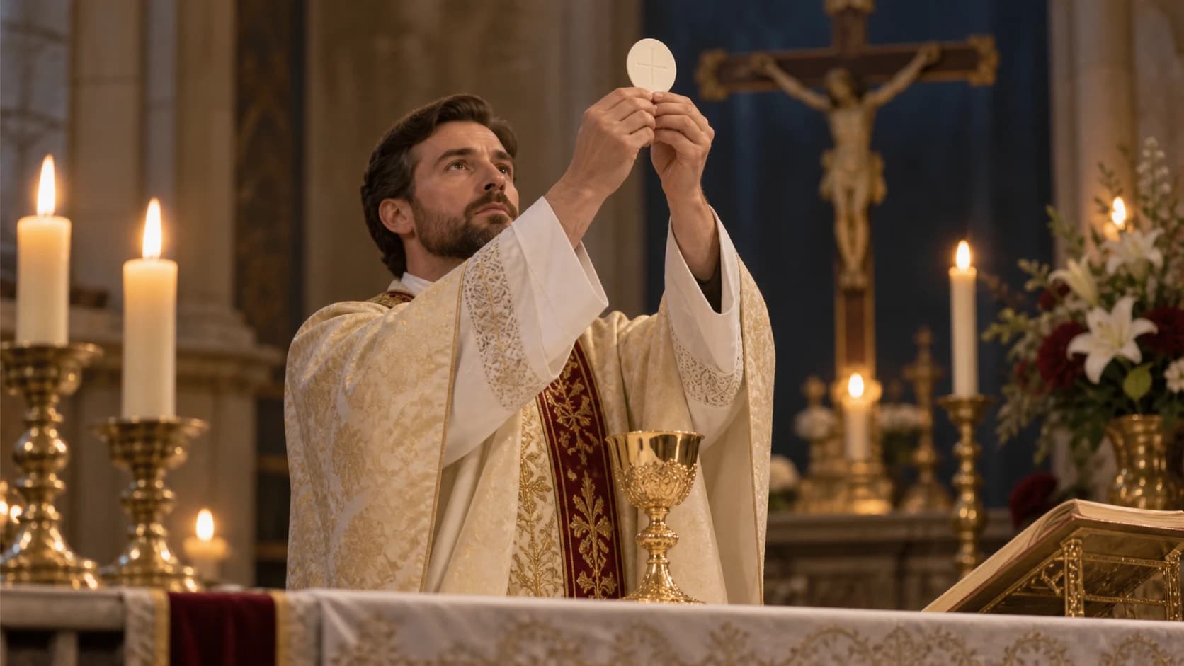 Devotional illustration of a priest elevating the Host above a chalice during Holy Mass