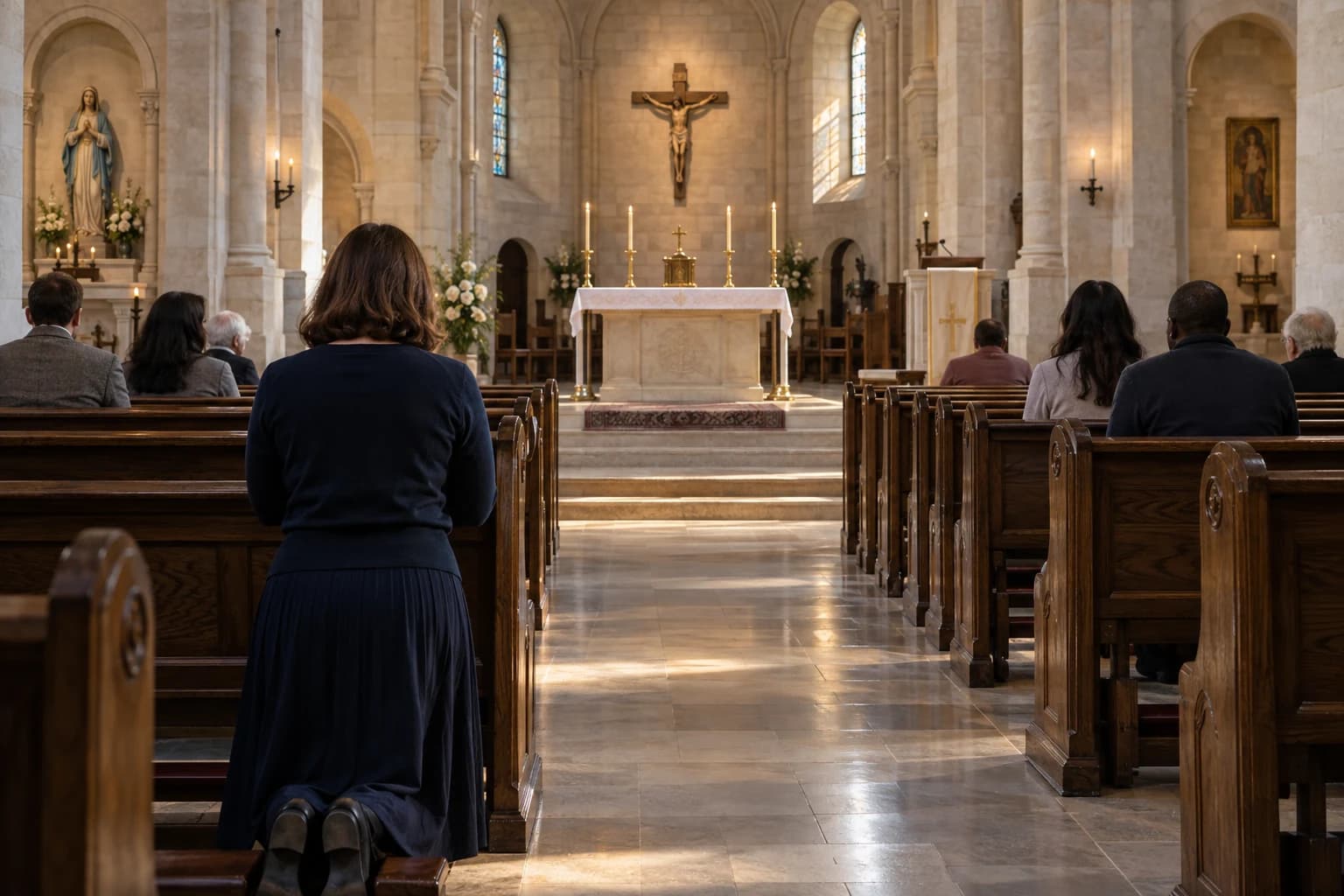 People quietly preparing for Mass in a sunlit parish church.