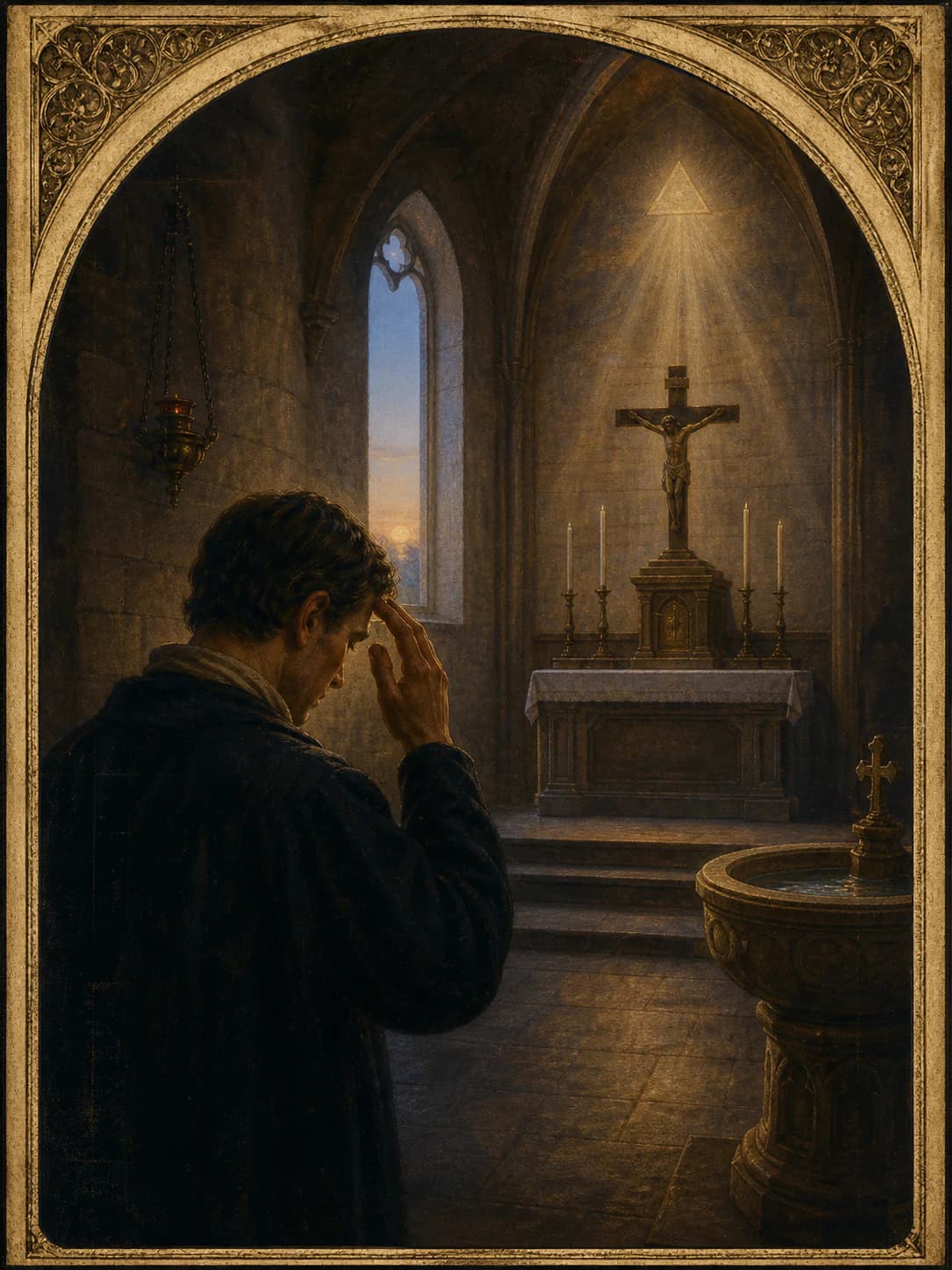A worshipper making the Sign of the Cross in a quiet chapel at dawn