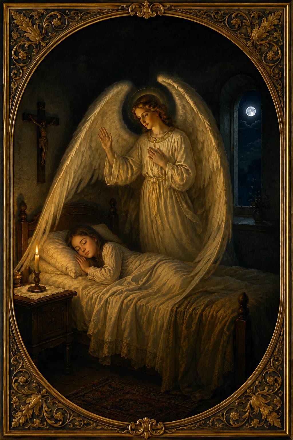 A Guardian Angel keeping watch over a sleeping girl beneath a crucifix