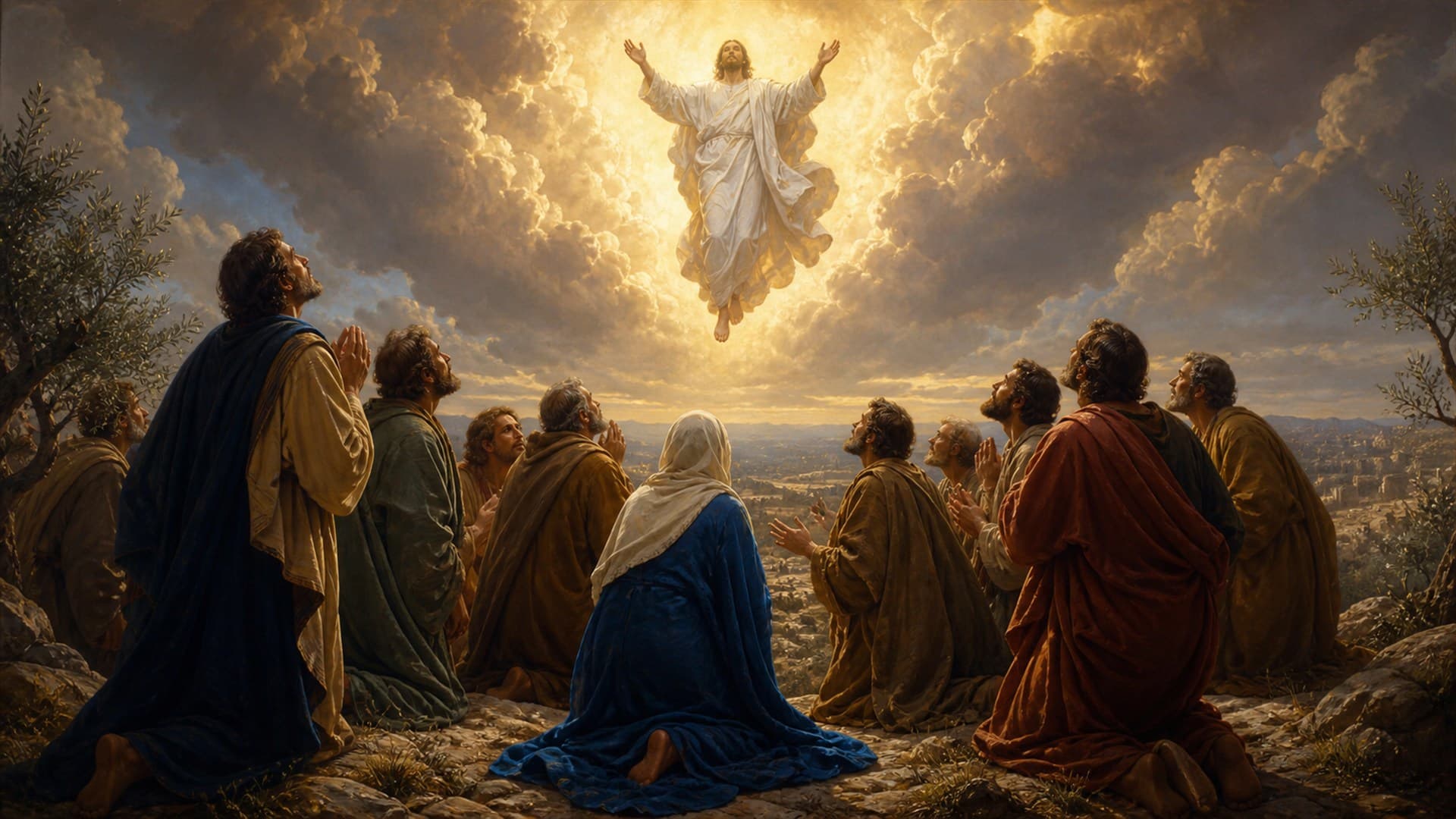 The apostles gathered at the Ascension in devotional artwork
