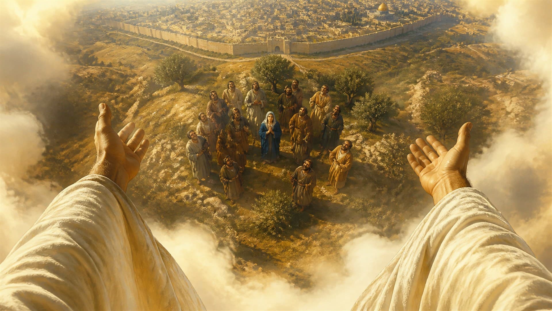 The apostles looking toward the ascending Lord in devotional artwork