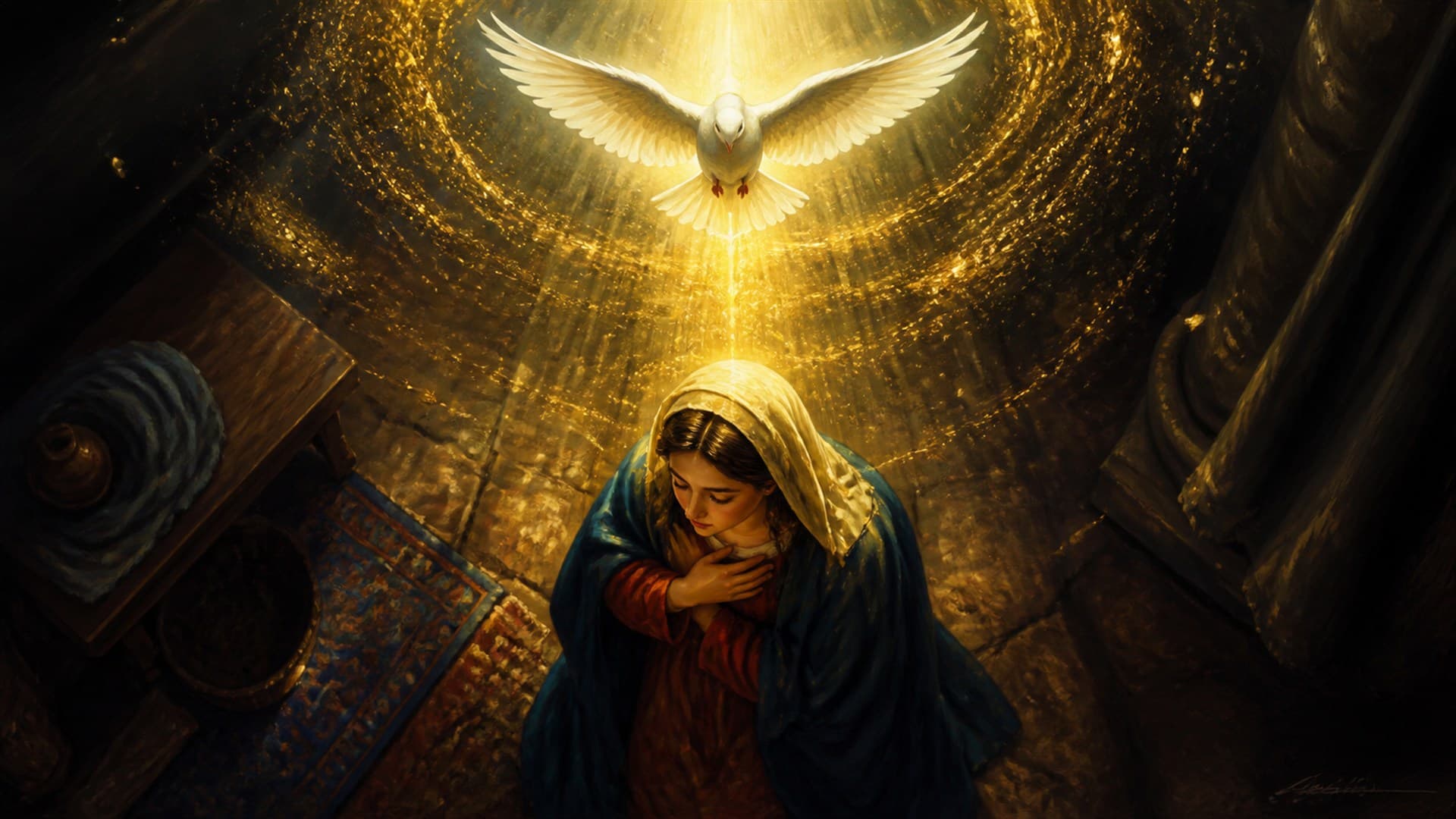 Light descending through a quiet sacred space, evoking the promise of the Messiah