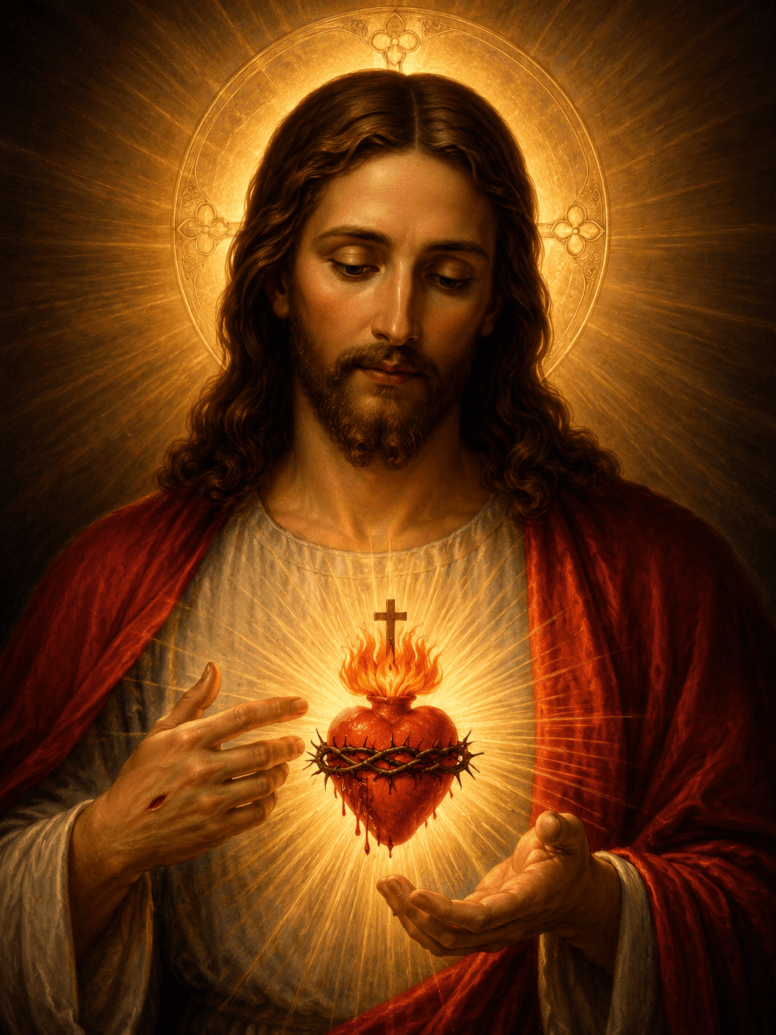 Sacred Heart of Jesus with Christ holding His radiant Heart.