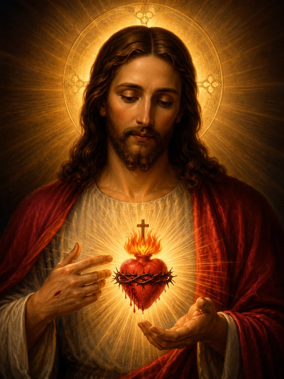 Sacred Heart of Jesus with Christ holding His radiant Heart.