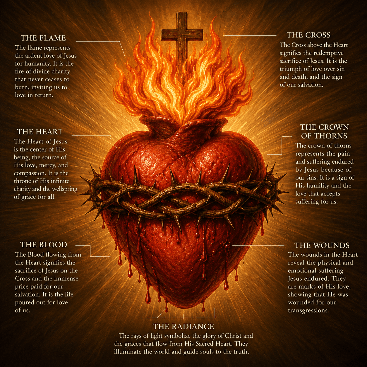 Explanation of the Sacred Heart symbols: flame, cross, crown of thorns, blood, wounds, and radiance.