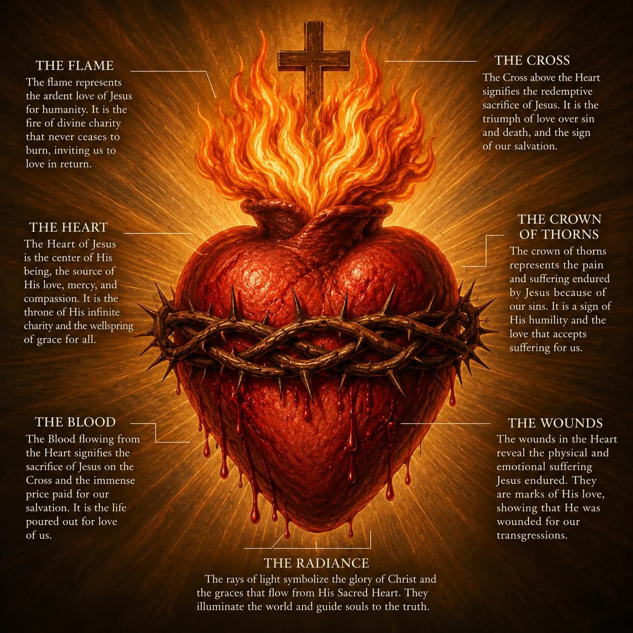Sacred Heart symbol guide showing the flame, cross, crown of thorns, blood, wounds, and radiance.