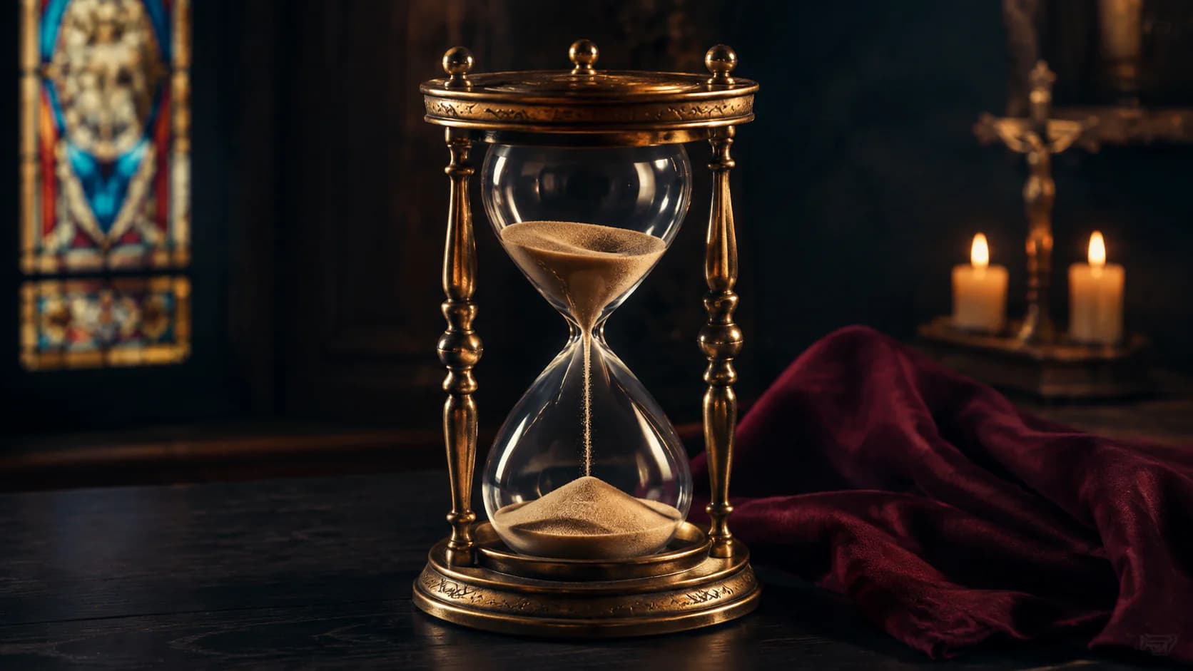 Antique hourglass with falling sand in a candlelit chapel