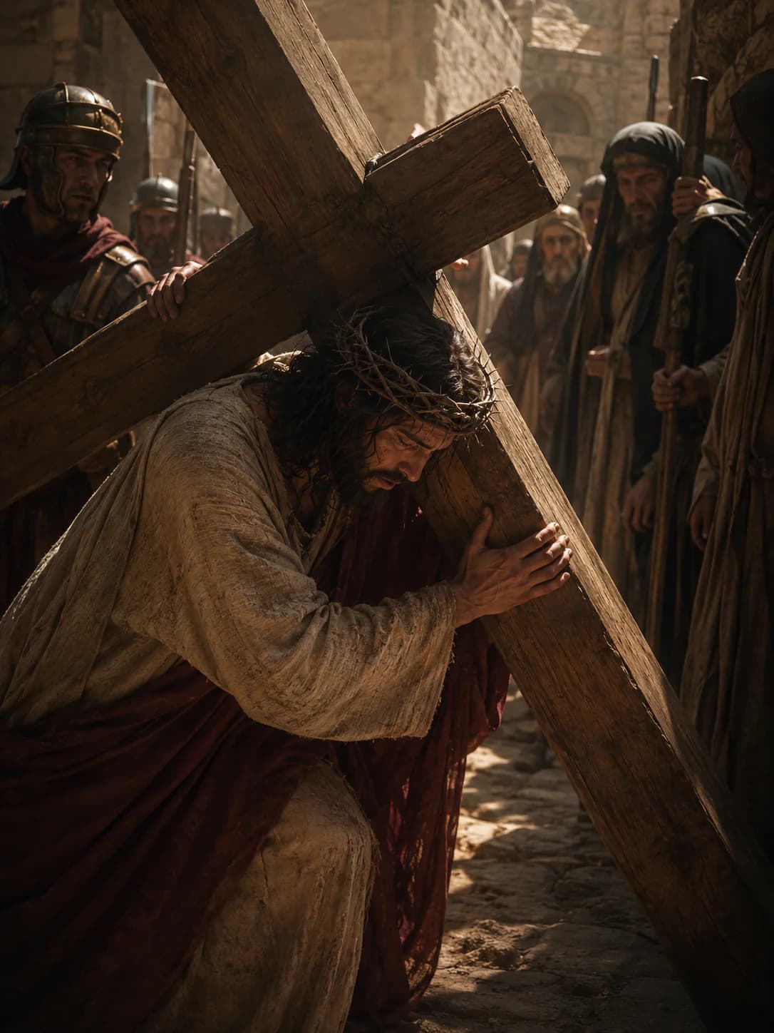 Jesus carrying the Cross through the streets of Jerusalem