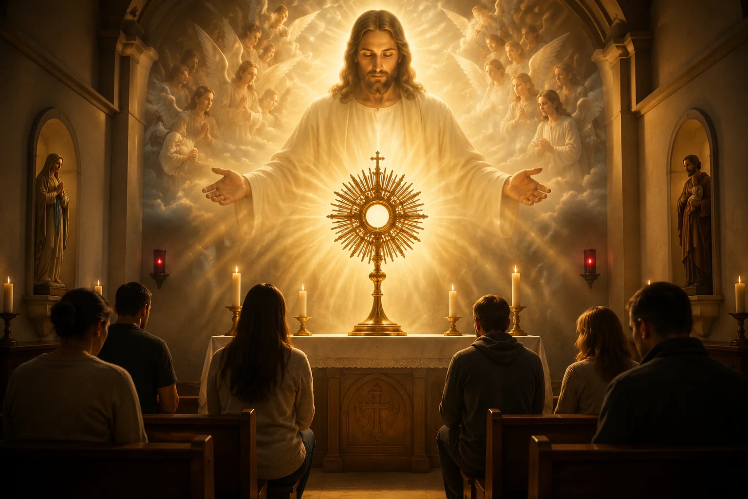 Devotional illustration of Eucharistic adoration before a monstrance.