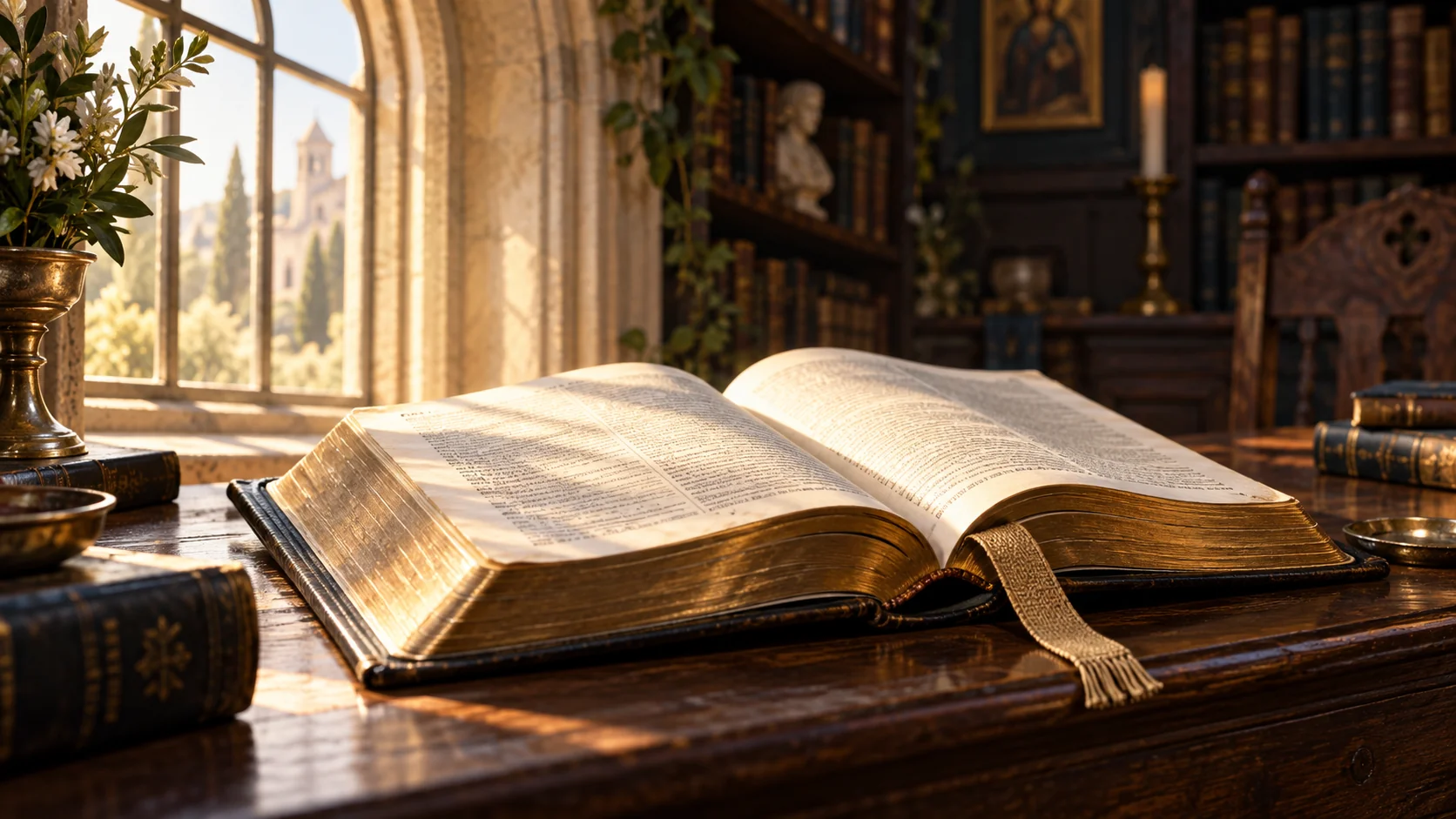 Illustration of an open Bible in a warmly lit library