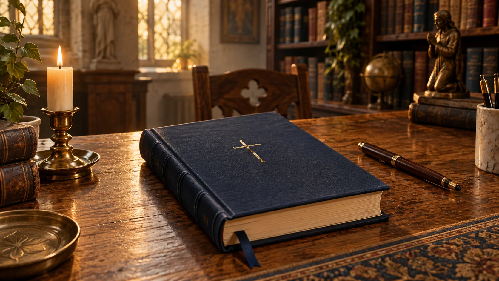 Illustration of a navy study book with a gold cross on a wooden desk