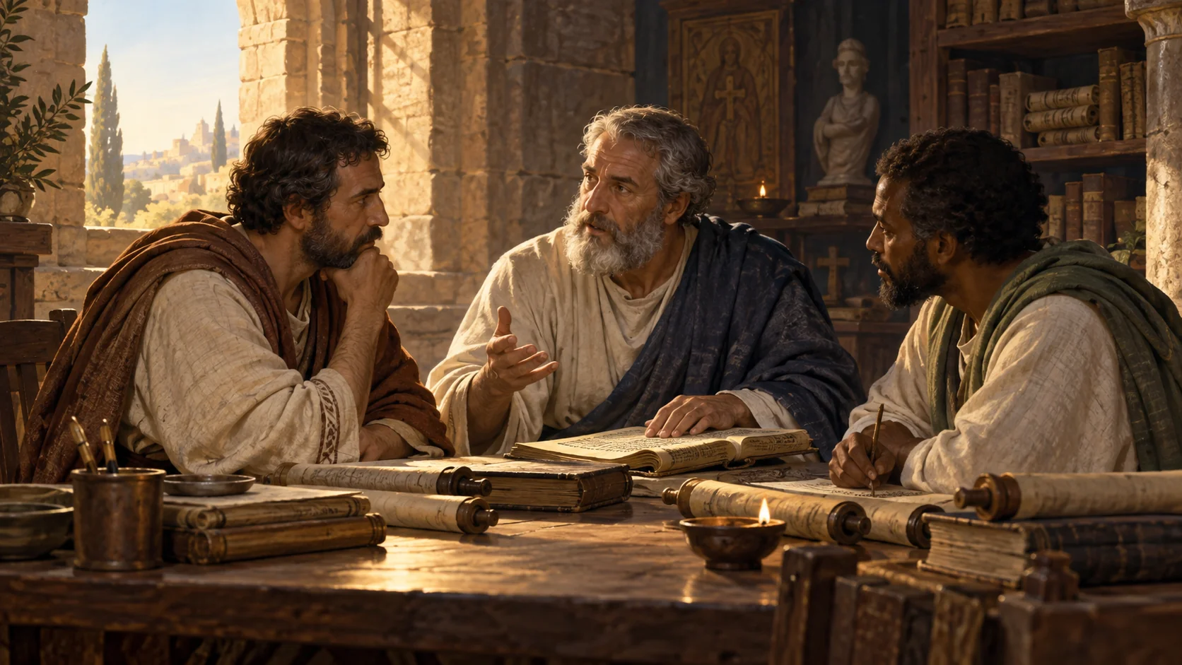 Illustrative scene of early Christian teachers discussing manuscripts