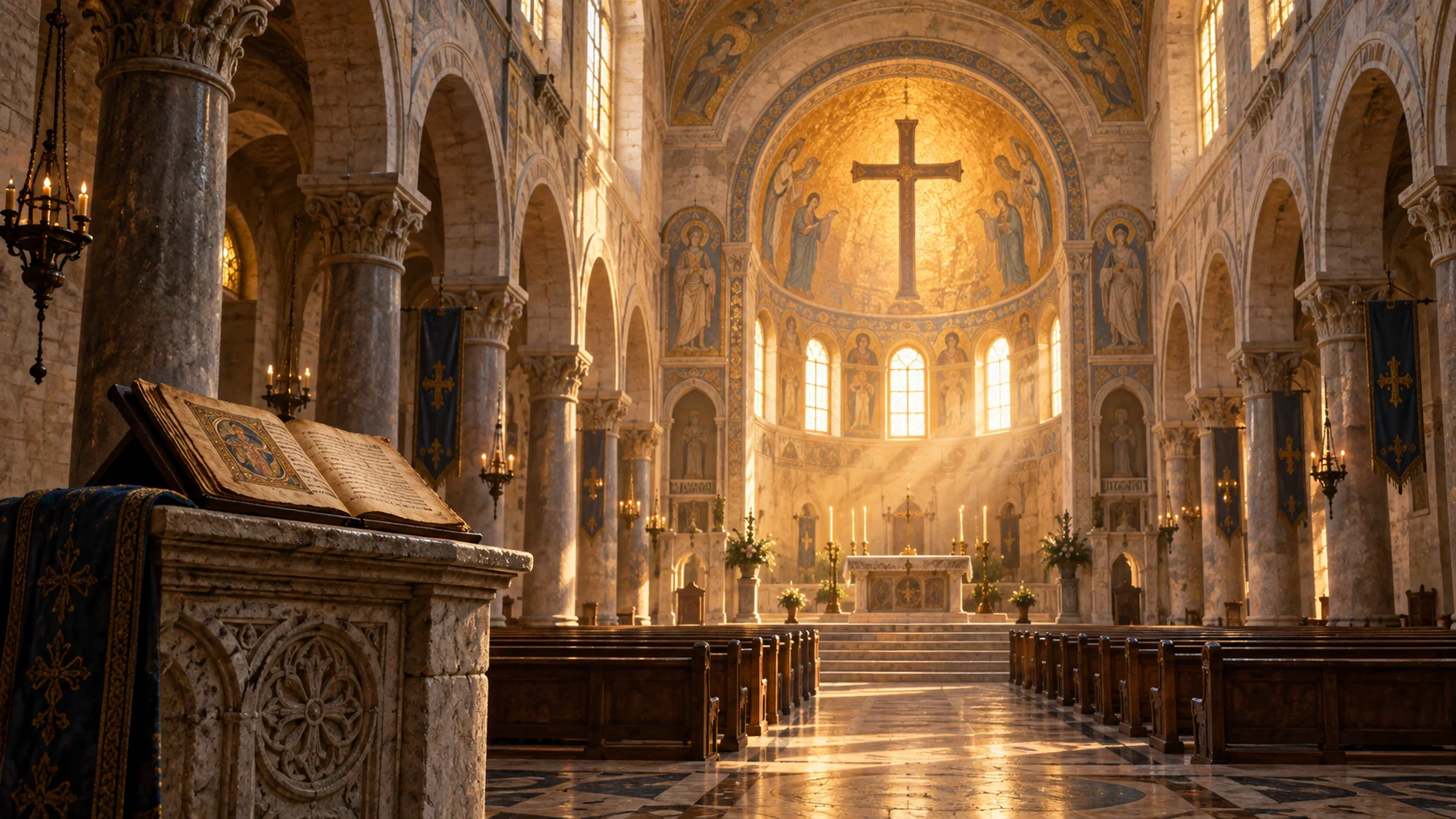 Illustration of a basilica with a cross above the apse and a manuscript on a lectern