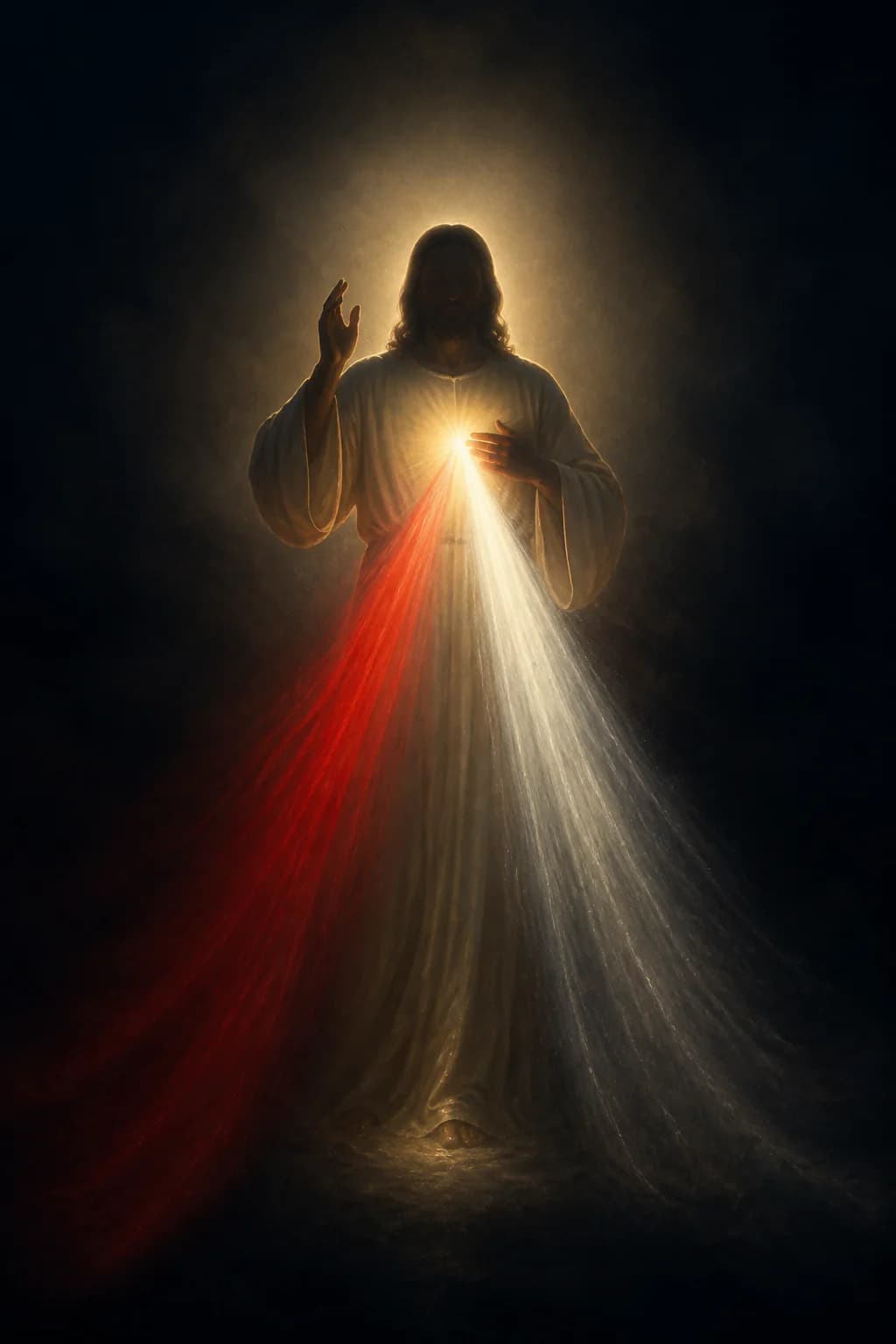 Original devotional artwork of Christ in sacred light with red and pale rays