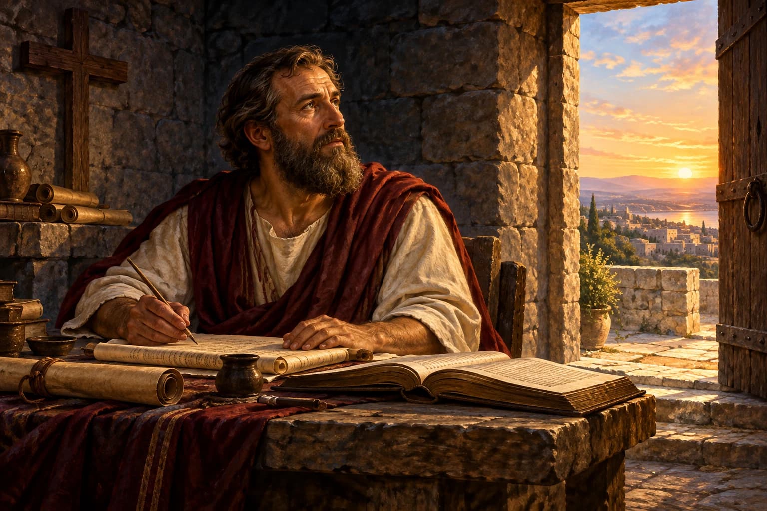 A devotional illustration of Saint Paul writing beside Scripture, a cross, and an open stone doorway