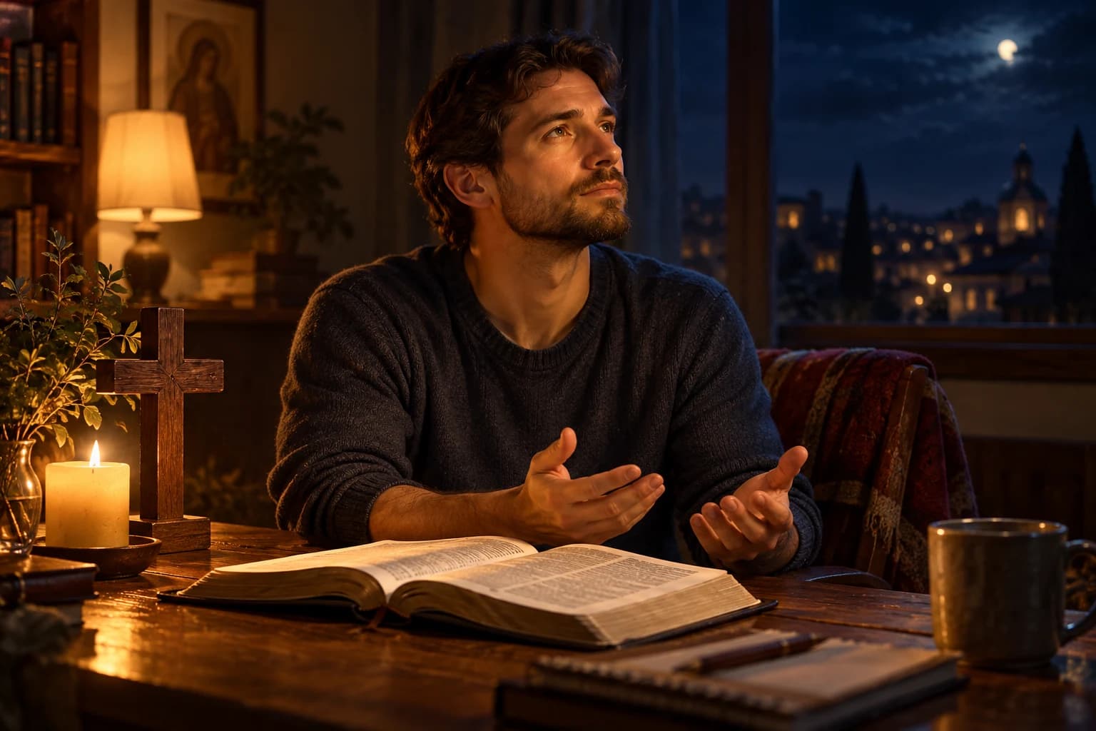 A man pauses with open hands beside a Bible and cross