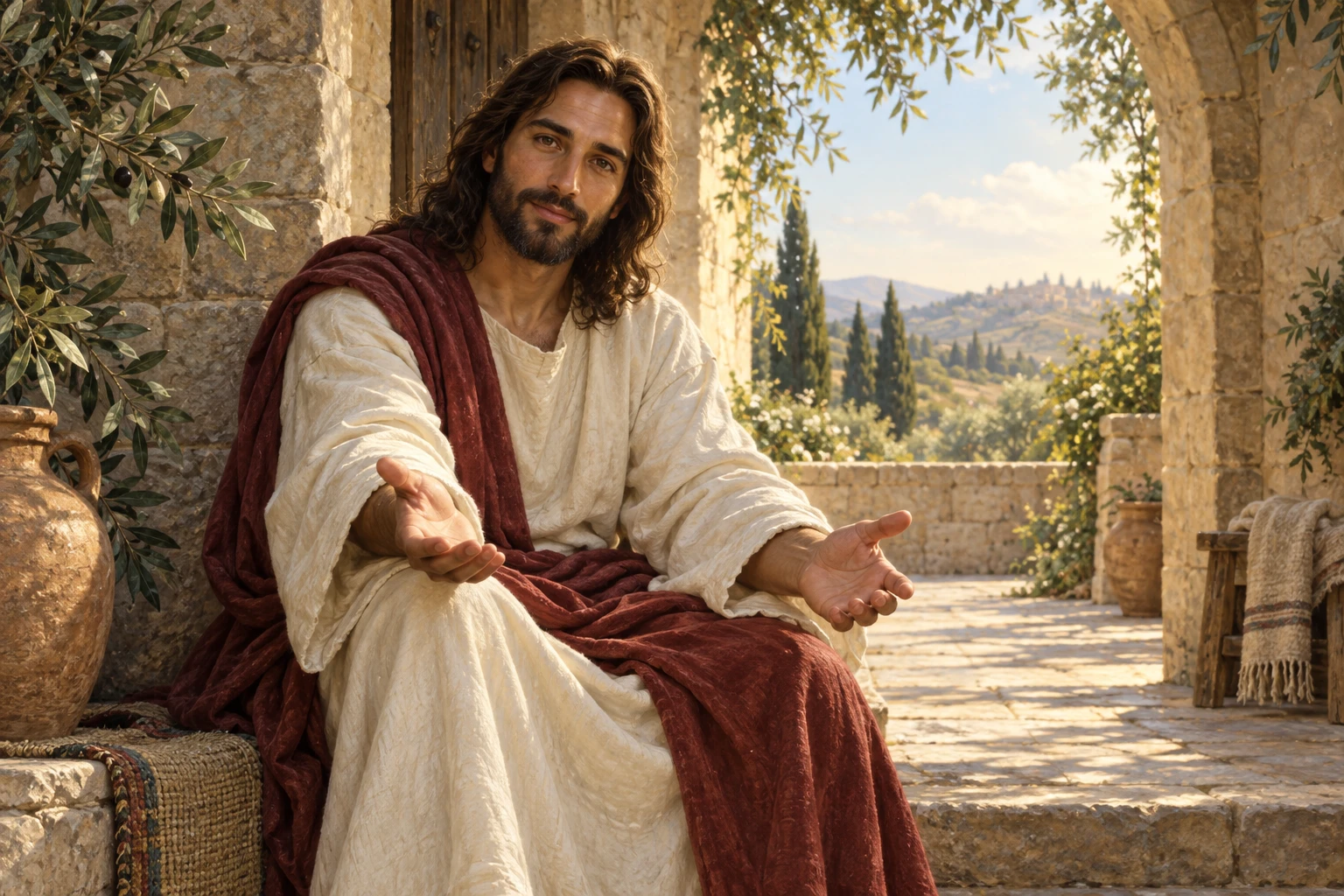 Jesus sits in a sunlit stone courtyard with open hands and a welcoming expression.