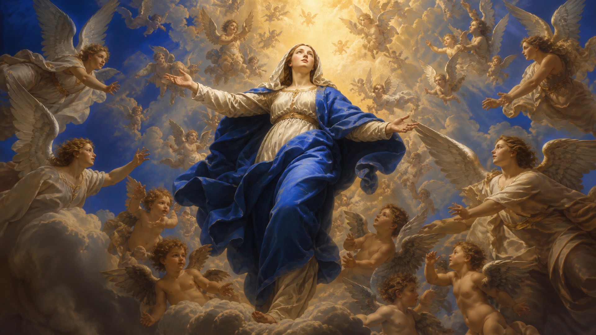The Blessed Virgin Mary surrounded by angels in heavenly glory